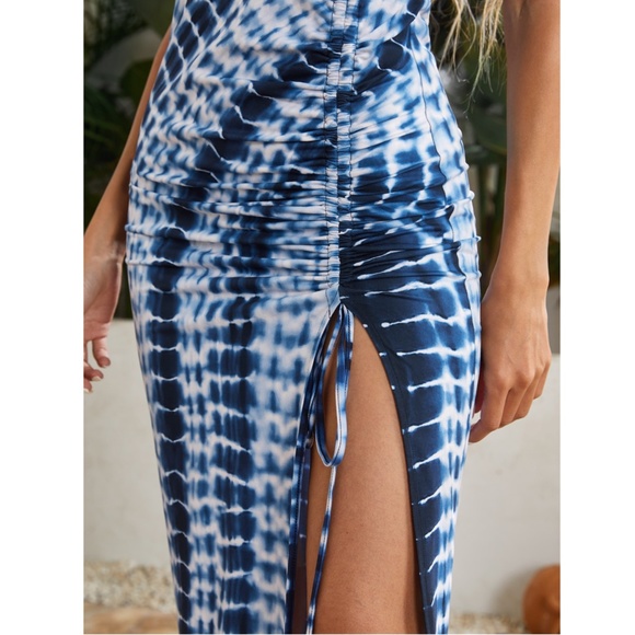 Tie Dye Blue Dress Drawstring Thigh Slit Cami Top - Picture 4 of 7